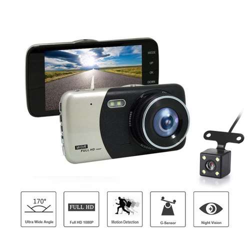 CAR DASH CAM Dual Lens 4 inch Full HD 1080p Parking Monitor WDR Night Vision includes Rear View cam