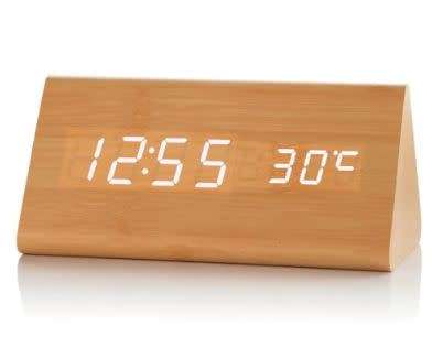 Voice-activated Triangle Wooden Digital Alarm Clock - WOOD