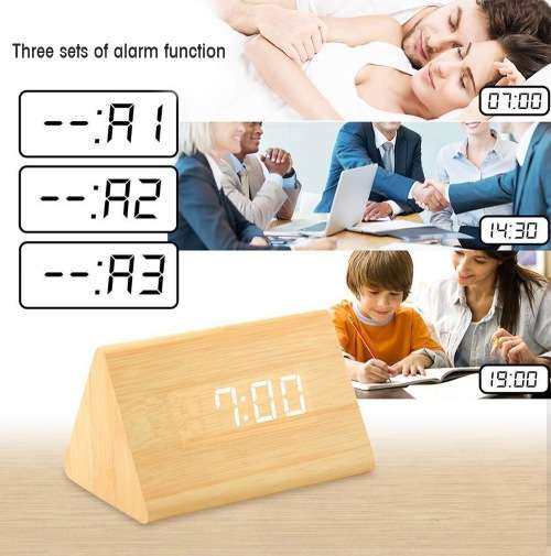 Voice-activated Triangle Wooden Digital Alarm Clock - WOOD