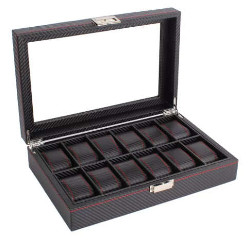 12 Slots Luxury Carbon Fiber Watch Box Jewelry Watch Display Storage Holder Rectangle Black Leather