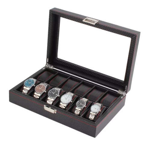 12 Slots Luxury Carbon Fiber Watch Box Jewelry Watch Display Storage Holder Rectangle Black Leather