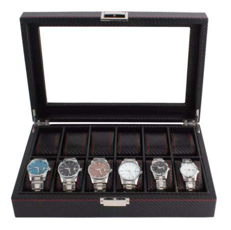 12 Slots Luxury Carbon Fiber Watch Box Jewelry Watch Display Storage Holder Rectangle Black Leather