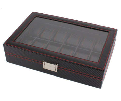 12 Slots Luxury Carbon Fiber Watch Box Jewelry Watch Display Storage Holder Rectangle Black Leather