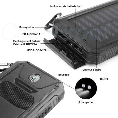 13000mAh Solar Power Bank Dual USB Battery Charger Portable Flashlight Compass BLACK