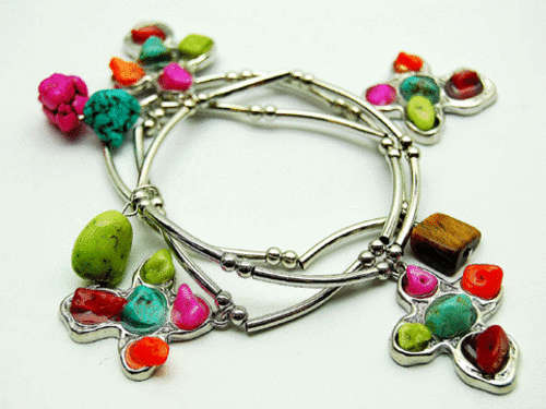 FANTASTIC NEWLY IMPORTED MULTICOLOURED NATURAL STONE CROSSES STRETCH BRACELET