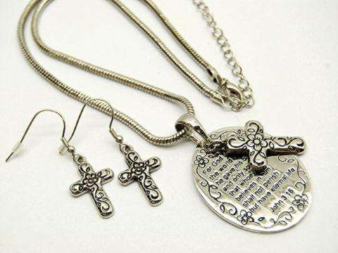 BEAUTIFUL RELIGIOUS CROSS AND PRAYER PENDANT WITH MATCHING EARRINGS