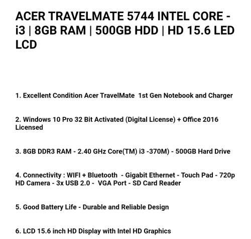 ACER TRAVELMATE 5744 INTEL CORE - i3 | 8GB RAM | 500GB HDD | HD 15.6 LED LCD