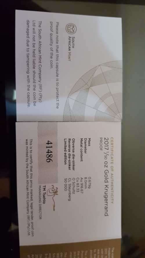 Proof Kruger Rand 1/50 oz pure 22 Carat Gold - SA Mint with COA