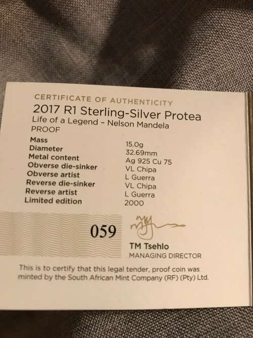 Life Of a Legend Mandela 2017 R 1 Silver Proof Coin - Only 2000 minted.