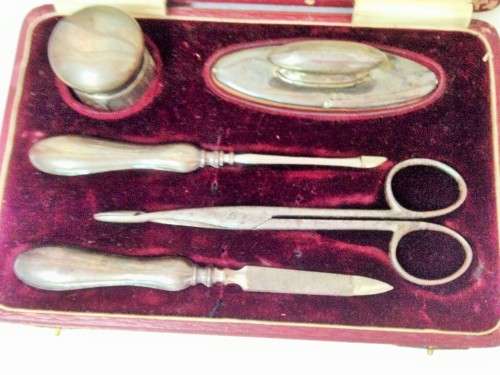Antique Box+5*4HallmarkedSILVER Manicure Set*BOBtoADELINE WISHING HER M HAPPY RETURNSofDay-8.9.1923