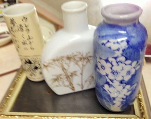 POTs - 3 Oriental decor on each  bridge+script White  leaves LOOK At My Buy Now items NO WAITING