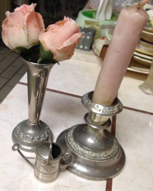 AWESOME !!!SILVER PLATED *1 VASE+*1CANDLE HOLDERS+ MINI WATER CAN!!!!! EXQUISITE INTRICATE PATTERN