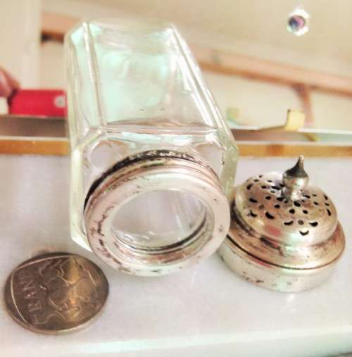 1 Powder shaker glass bottle SQUARE edges TOP SILVER TONE METAL COLLAR +LID EPNS finial dome shape