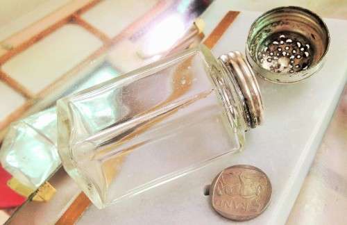 1 Powder shaker glass bottle SQUARE edges TOP SILVER TONE METAL COLLAR +LID EPNS finial dome shape