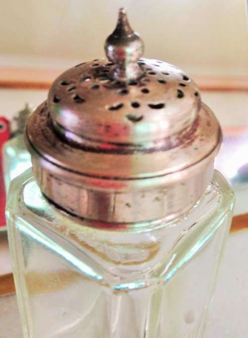1 Powder shaker glass bottle SQUARE edges TOP SILVER TONE METAL COLLAR +LID EPNS finial dome shape