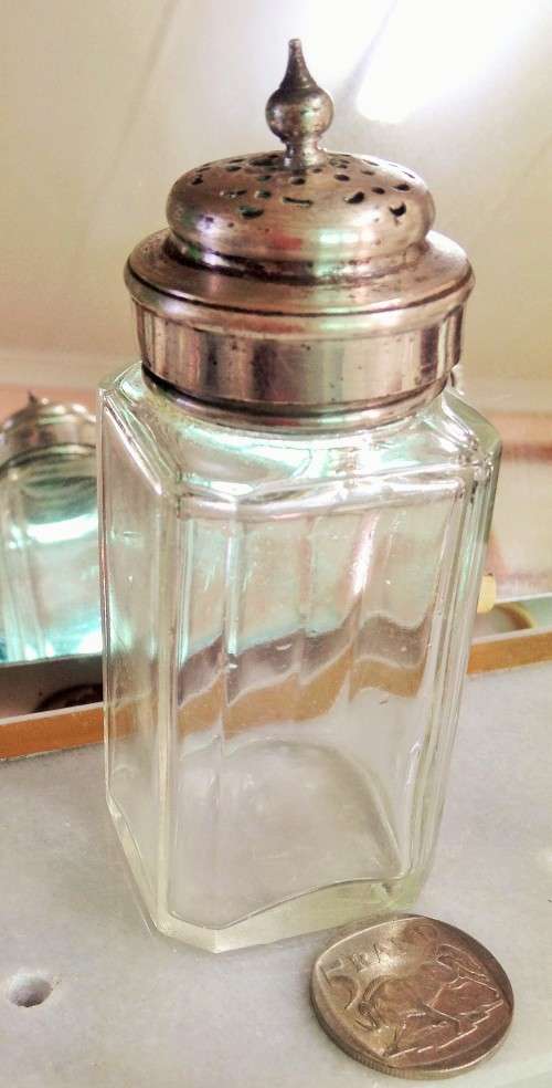 1 Powder shaker glass bottle SQUARE edges TOP SILVER TONE METAL COLLAR +LID EPNS finial dome shape
