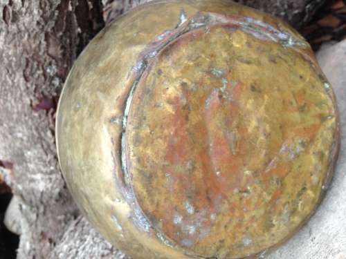 1 BRASS VASE embossed STYLE  SCOTISH  ART &CRAFTS BROAD  REPOUSSE DECOR TOP HAS BAND OF ROSES