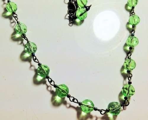 1  Necklace Bohemian Czechoslovakia 1930s Uranium ?glass beads green faceted beads restrung see test