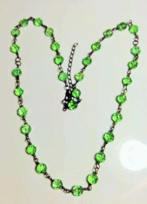 1  Necklace Bohemian Czechoslovakia 1930s Uranium ?glass beads green faceted beads restrung see test