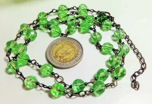 1  Necklace Bohemian Czechoslovakia 1930s Uranium ?glass beads green faceted beads restrung see test