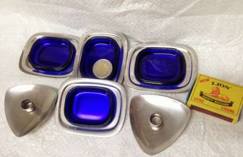 Danish*LUNDTOFTE STAINLESS STEEL*4 steel smallTRAYS+4COBOLT GLASS2CandleH*GREAT COUNTRY HOME DECOR*L