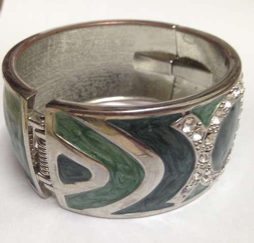 Bangle green colour- rhinestones wide cuff hinged clamper clasp