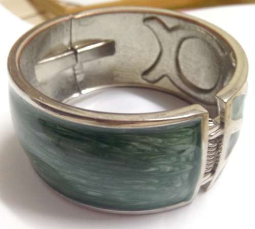 Bangle green colour- rhinestones wide cuff hinged clamper clasp