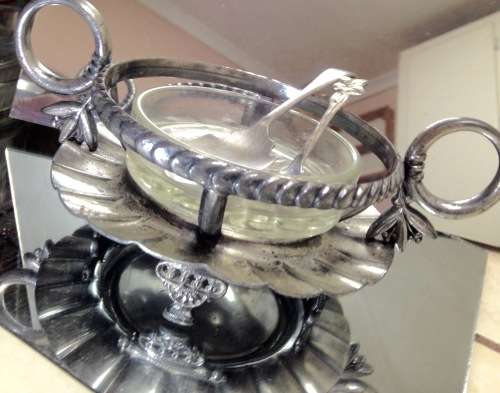 4 items EPNS Stand double sided handles Footed frill edge Glass Butter dish Jam Spoon +Tea spoon