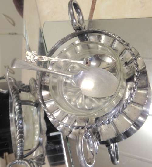 4 items EPNS Stand double sided handles Footed frill edge Glass Butter dish Jam Spoon +Tea spoon