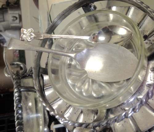 4 items EPNS Stand double sided handles Footed frill edge Glass Butter dish Jam Spoon +Tea spoon