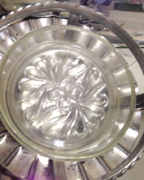 4 items EPNS Stand double sided handles Footed frill edge Glass Butter dish Jam Spoon +Tea spoon