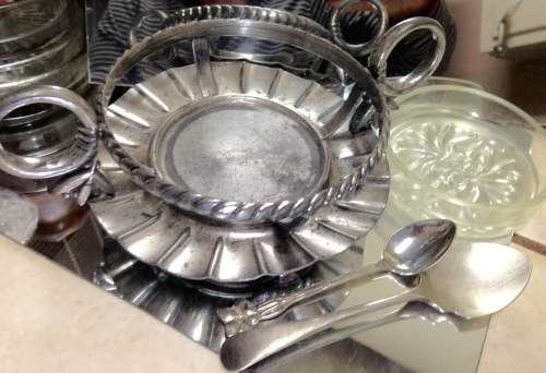 4 items EPNS Stand double sided handles Footed frill edge Glass Butter dish Jam Spoon +Tea spoon