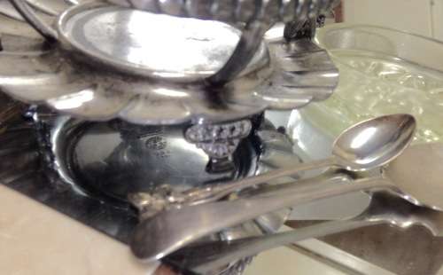 4 items EPNS Stand double sided handles Footed frill edge Glass Butter dish Jam Spoon +Tea spoon