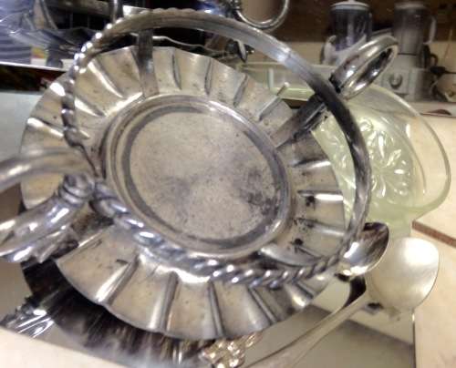 4 items EPNS Stand double sided handles Footed frill edge Glass Butter dish Jam Spoon +Tea spoon