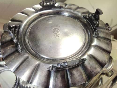 4 items EPNS Stand double sided handles Footed frill edge Glass Butter dish Jam Spoon +Tea spoon