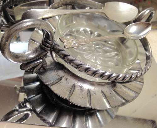 4 items EPNS Stand double sided handles Footed frill edge Glass Butter dish Jam Spoon +Tea spoon