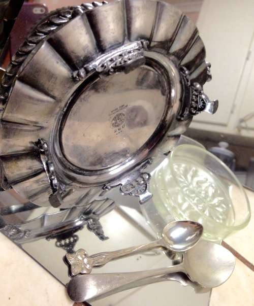 4 items EPNS Stand double sided handles Footed frill edge Glass Butter dish Jam Spoon +Tea spoon