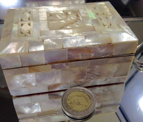 ANTIQUE Mother o Pearl hinged BOX Dove Cutout red linedLOOK AT My BUY NOW LISTINGS NO WAITING