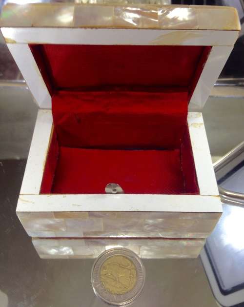 ANTIQUE Mother o Pearl hinged BOX Dove Cutout red linedLOOK AT My BUY NOW LISTINGS NO WAITING