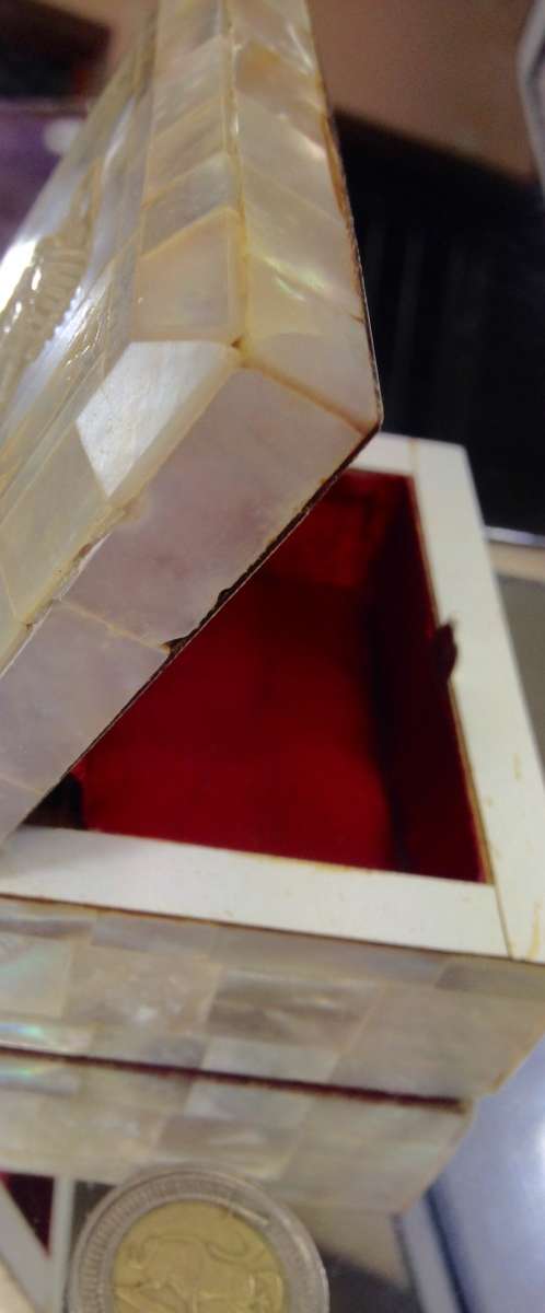 ANTIQUE Mother o Pearl hinged BOX Dove Cutout red linedLOOK AT My BUY NOW LISTINGS NO WAITING