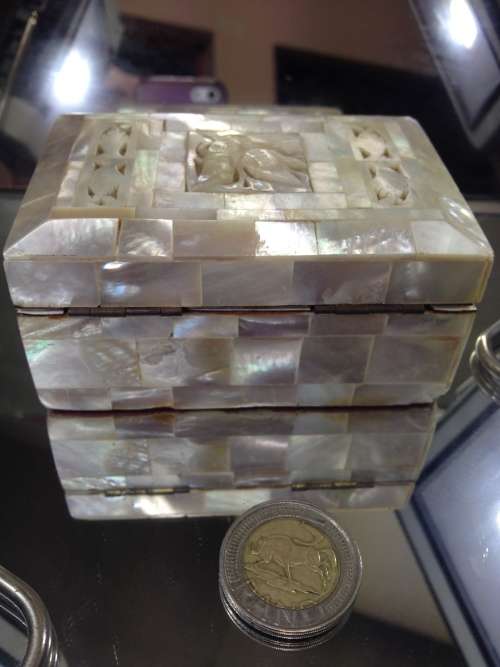 ANTIQUE Mother o Pearl hinged BOX Dove Cutout red linedLOOK AT My BUY NOW LISTINGS NO WAITING