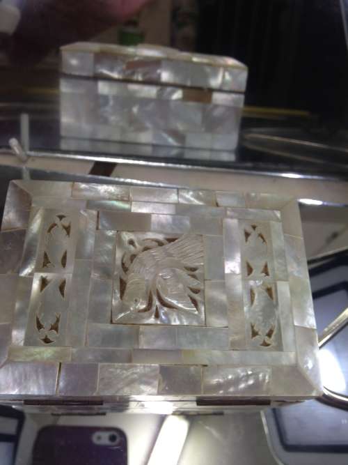 ANTIQUE Mother o Pearl hinged BOX Dove Cutout red linedLOOK AT My BUY NOW LISTINGS NO WAITING