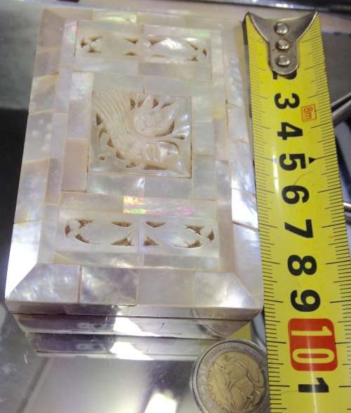 ANTIQUE Mother o Pearl hinged BOX Dove Cutout red linedLOOK AT My BUY NOW LISTINGS NO WAITING