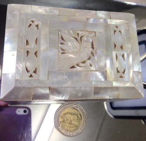 ANTIQUE Mother o Pearl hinged BOX Dove Cutout red linedLOOK AT My BUY NOW LISTINGS NO WAITING