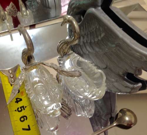 GODINGE c1984Cast Iron Swan + 2 Swan SALTS glass EPNS metal wing +1 mustard Spoon