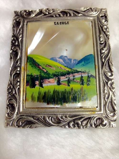 Souvenir GEORGE*Mother Of Pearl Framed rural scene in Silver tone  Frame own easel stand