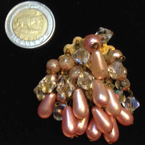 Brooch - Cascade Shiny Faux Pink Pearls and clear crystals stamped GES USA