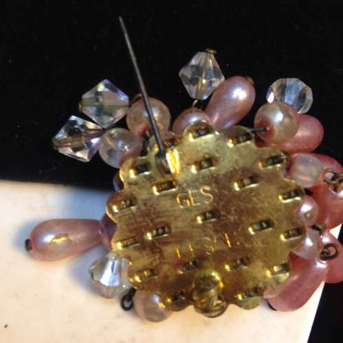 Brooch - Cascade Shiny Faux Pink Pearls and clear crystals stamped GES USA