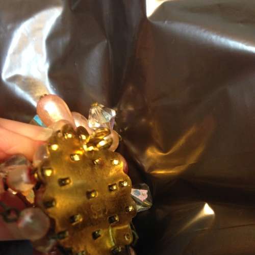 Brooch - Cascade Shiny Faux Pink Pearls and clear crystals stamped GES USA