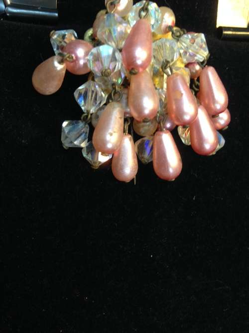 Brooch - Cascade Shiny Faux Pink Pearls and clear crystals stamped GES USA